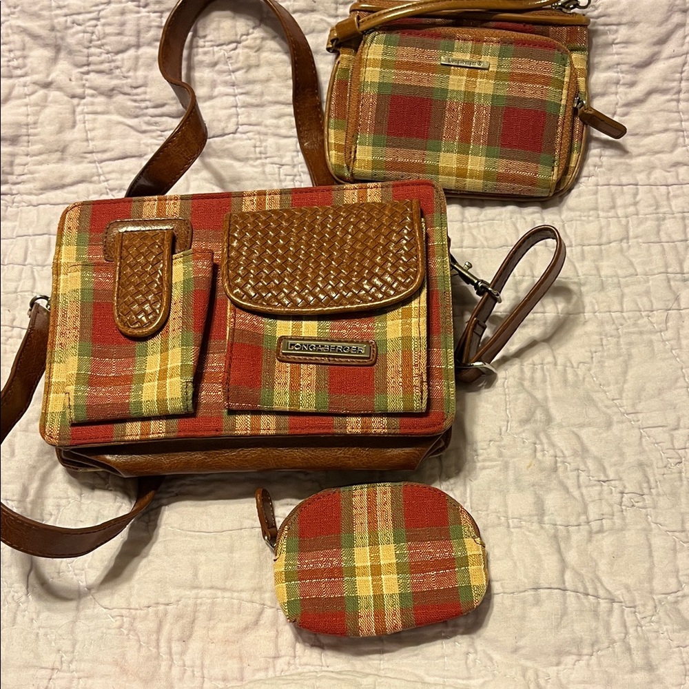 Longaberger Plaid Leather Trim Women Bag Set